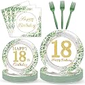 Qyeahkj 100 Pcs 18th Birthday Decorations Party Tableware Set Greenery Eucalyptus Paper Plates Sage Green Plates Forks and Napkins 18th Birthday Party Decors for 18 Years Girls Women Serve