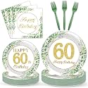 Qyeahkj 100 Pcs 60th Birthday Decorations Party Tableware Set Greenery Eucalyptus Paper Plates Sage Green Plates Forks and Napkins 60th Birthday Party Decoration for 60 Years Old Women Serve 25 Guests