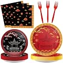 Qyeahkj 100 Pcs Hibachi Party Supplies Paper Plates and Napkins Set Disposable Japanese Tableware Decorations for Spring Festival Japanese Hibachi Theme Chinese Party Favor Baby Shower Serve 25 Guests