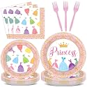 Qyeahkj 100 Pcs Princess Birthday Plates and Napkins Princess Themed Party Supplies Cartoon Dress Party Decorations Crown Disposable Tableware Dinnerware Set for Girls Engagement Baby Shower Serves 25
