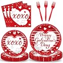 Qyeahkj 100pcs Galentine's Day Party Supplies Valentine's Day Paper Plates Disposable Red Tableware for Romantic Girls Ladies Party Decorations Serve 25