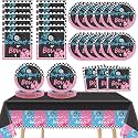 Qyeahkj Burnouts or Bows Gender Reveal Party Supplies Serves 24 Baby Boy or Girl Party Decorations Paper Plates Napkins Gender Reveal Tablecloth Set Tableware Kit for Baby Shower