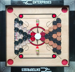 r c enterprises carrom board black with 24pcs wooden  crystal coins 2pcs powder 1 striker 50 cm carrom board