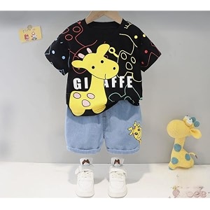 rg t-shirt and short set giraffe print half-sleeve top pull-on denim shorts soft cotton hosiery unisex baby