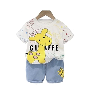 rg t-shirt and short set giraffe print half-sleeve top pull-on denim shorts soft cotton hosiery unisex baby