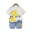 R.G T-Shirt and Short Set, Giraffe Print Half-Sleeve Top, Pull-On Denim Shorts, Soft Cotton Hosiery, Unisex Baby