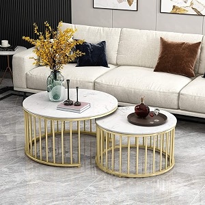 rn handicrafts modern marble coffee table round nesting tables set of 2 - golden metal frame for living room furniture bedroom contemporaray modern design - golden amp white