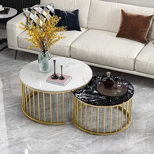 rn handicrafts modern marble coffee table round nesting tables set of 2 - golden metal frame for living room furniture contemporaray modern design - golden-white amp golden-black