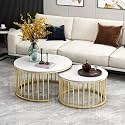 R.N Handicrafts Modern Marble Coffee Table Round Nesting Tables Set of 2 - Golden Metal Frame for Living Room Furniture Bedroom, Contemporaray Modern Design - (Golden &amp; White)