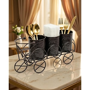 cutlery holder amp tissue stand set of 3  galvanized metal 3-compartment spoon fork knife organizer  dining table cutlery stand for kitchen home amp restaurant brown