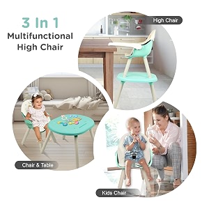 r for rabbit cherry berry tusky high chair for baby 3-in-1 convertible kids feeding chair compact fold dual meal trays travel friendly bpa free anti-slip seat 6 months to 7 years kids green cream