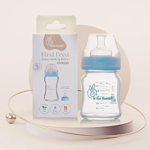 r for rabbit first feed baby glass feeding bottle 120ml with anti-colic wide neck bpa free soft silicone nipple milk feeder for new borninfantstoddler kids of 0 months lake blue