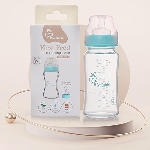 r for rabbit first feed 240 ml baby feeding glass bottle with anti-colic wide neck bpa free soft silicone nipple milk feeder for new borninfantstoddler kids of 6 months sea green