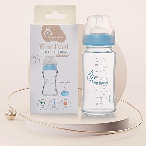 r for rabbit first feed baby glass feeding bottle 240ml with anti-colic wide neck bpa free soft silicone nipple milk feeder for new borninfantstoddler kids of 6 months lake blue