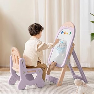 r for rabbit little genius candy easel board set with chair for kids multifunctional foldable height adjustable drawing activity magnetic board for 3-7 year toddler purple
