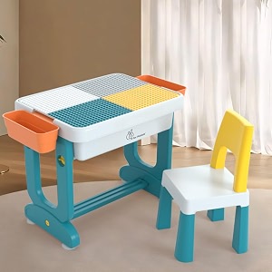 r for rabbit little genius learner kids study table set with chair 4 in 1 multifunctional desk set for 3-7 years kids up to 45kgs weight capacity blue white