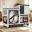 Rabbit Hutch Indoor for 2-4 Rabbits & Guinea Pigs，Bunny Cage with Slide-Out Plastic Trays，Wooden Small Animal Cage for Rabbits, Bunnies, and Guinea Pigs (Black)