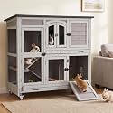 Rabbit Hutch Indoor Outdoor Bunny Cage Large Wood Guinea Pig Cage,Grey