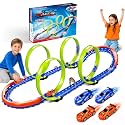 Race Car Track Set with 4 Loops & 4 Cars, 62Pcs Tracks Toy for Kid Ages 3-8