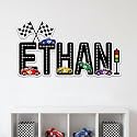 Racing Cars Stickers for Kids Playroom, Personalized Race Car Room Decor Custom Name Decal for Boys Bedroom Nursery Playroom (Style 3)
