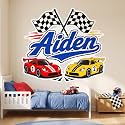 Racing Cars Stickers for Kids Playroom, Personalized Race Car Room Decor Custom Name Decal for Boys Bedroom Nursery Playroom