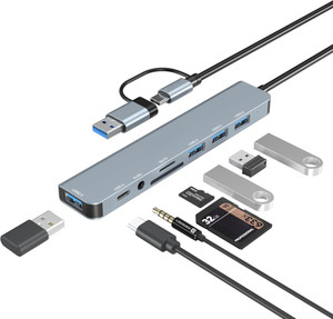 rackit power mport 8 plus dual plug 8-in-1 docking stationhub with aux usb 30 type-c data usb 20 type-c and usb plug usb hub