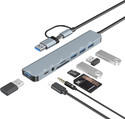 Rackit Power Mport 8 Plus Dual Plug 8-in-1 Docking Station/Hub with AUX, USB 3.0 Type-C Data, USB 2.0, Type-C and USB Plug USB Hub