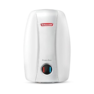racold pronto neo electric instant water heater 3l  vertical geyser for bathrooom anti backflow system 3 safety levels rust proof body faster heating with fire retardant cable white