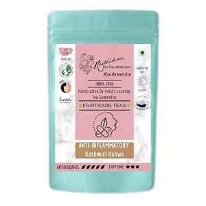 radhikas fine teas anti-inflammatory kashmiri kahwa  premium kashmiri green tea blend  saffron spices amp almonds  loose leaf wellness tea  50g  makes 25 cups