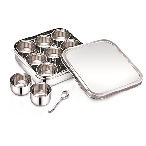 stainless steel square classic spice box masala dabba masala with nine inner cups and spoon food safe kitchen storage condiment box 9 partition product sj- small 1800 ml