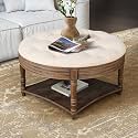 Large Round Waterproof Ottoman Coffee Table 2 Tier Oversized Button Tufted with Wooden Shelf Storage Farmhouse Upholstered Coffee Table Living Room Footstool Linen(Beige White)