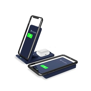 raegr arc 1100 2-in-1 10w5w wireless charger foldable stand with 2 type-c cables for iphone 15141312 series galaxy s23s22s21 series pixel 76 series amp for qi-enabled phones - navy blue