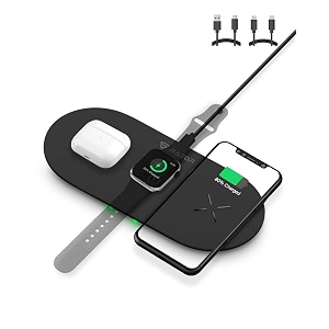 raegr arc 1350 3-in-1 dual 15w triple wireless charging pad trio mat  with 2 type-c pd cables for iphone 16151413 series galaxy s24s23s22 series apple watch series ultra987se6 -black