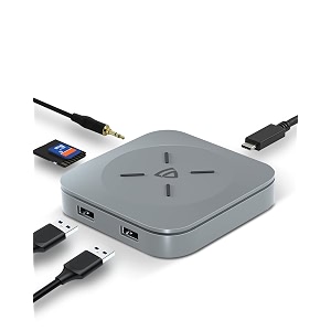 raegr arc 2100 portable 6 ports usb-c hub with thunderbolt 30 for laptops  includes 10w wireless charging station for iphones  air-pods and for all qi-enabled phones - metallic grey rg10261