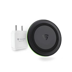 raegr arc 500 type-c pd  made in india  qi-certified 10w wireless charger  with qc adapter  indian pin 2 type-c cables  for iphone 1312se11x series88 note 20109s22s21s20s10 series amp 5w for all qi-enabled phones - black