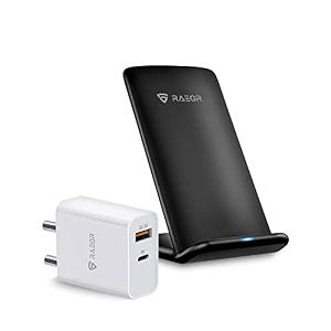 raegr arc 700 wireless charging stand 15w type-c with 20w pd adapter 2 type-c cables made in india qi-certified with fireproof abs for iphone 131211x8 series