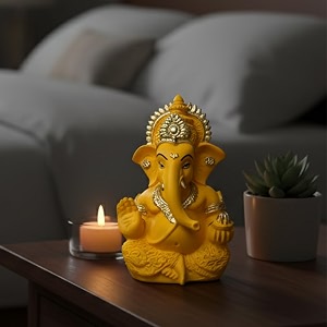 elegant resin ganesha idol for home temple dcor lord ganpati murti for pooja room car dashboard gift item  color yellow