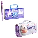 Pencil Case Style Password Lock Multi-Layer Pencil Box &amp; 3D EVA Pencil Case Pouch for Boys Girls (New Unicorn Blue P.Box+Rabbit Pouch)