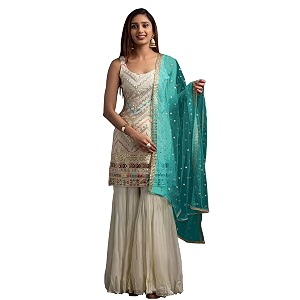 faux georgette fancy heavy sharara suit for woman