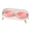 Raised Cat Food and Water Bowl Set - Elevated Ceramic Dishes with Non-Slip Stand and Splash Guard for Small Dogs - 2 x 320 ML (4.9 OZ) - Pink