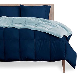 rajasthan crafts soft microfibre comforter blanket lightweight reversible quilt duvet all weather 200 gsm single bed light blue and navy blue color
