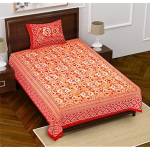 rajasthanikart cotton single bedsheet with 1 pillow cover single_psp_115 red floral