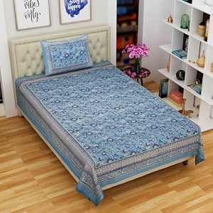 rajasthanikart cotton single bedsheet with 1 pillow cover single_psp_110 blue