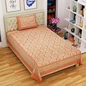 RajasthaniKart® Cotton Single Bedsheet with 1 Pillow Cover Single_PSP_103 Orange