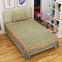 RajasthaniKart® Cotton Single Bedsheet with 1 Pillow Cover Single_PSP_111 Green