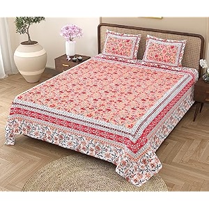 rajasthanikart pure cotton 180 tc king size bedsheet with 2 pillow cover - 90x108 suitable for king size bed sheet or double bed orange psp101