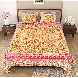 rajasthanikart pure cotton 180 tc king size bedsheet with 2 pillow cover - 90x108 suitable for king size bed sheet or double bed yellow psp102