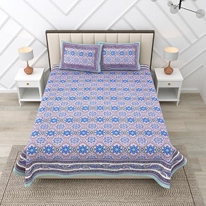 rajasthanikart pure cotton 180 tc king size bedsheet with 2 pillow cover - 90x108 suitable for king size bed sheet or double bed blue psp 126