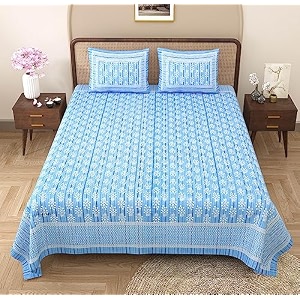 rajasthanikart pure cotton 180 tc king size bedsheet with 2 pillow cover - 90x108 suitable for king size bed sheet or double bed blue psp114