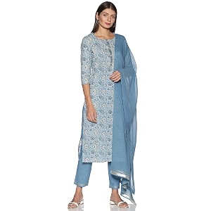 rajmandirfabrics women39s cotton light blue straight kurta pant with dupatta set